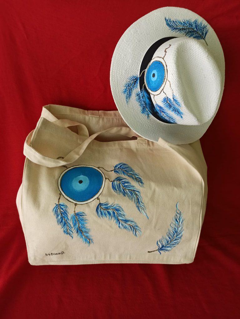 set tsanta totebag -kapelo panama zografismeno mati- oneiropagida